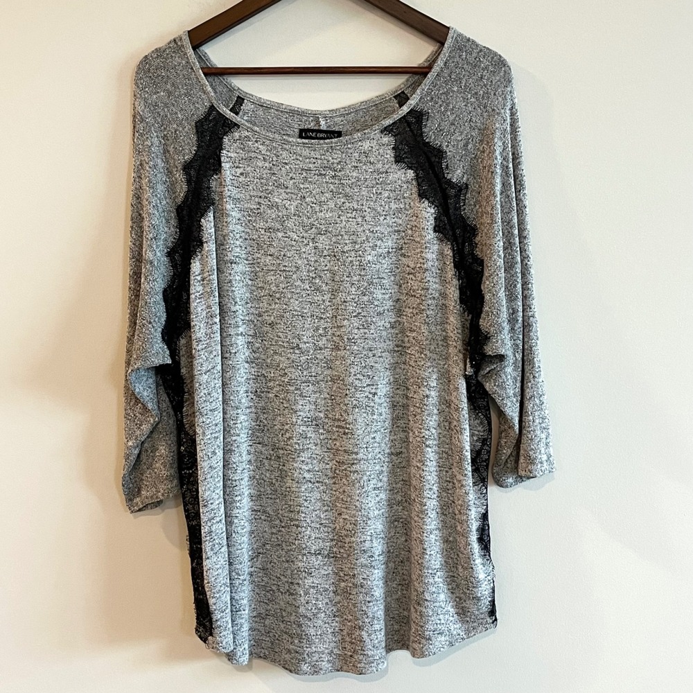 Lane Bryant Gray Marl Knit Lace Trim Scoop Neck 3/4 Sleeve Top 18/20